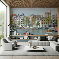 Dutch Waterway Charm Wall Mural creating a cozy kitchen setting.