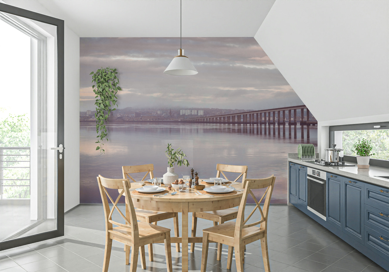 Misty Bridge Wall Mural defining a spacious interior