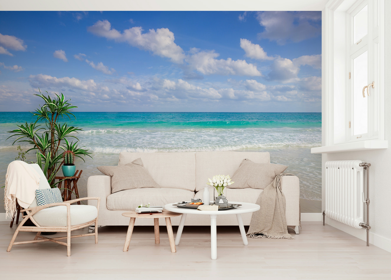 Cancun Beach Wall Mural creating a relaxing lounge area.