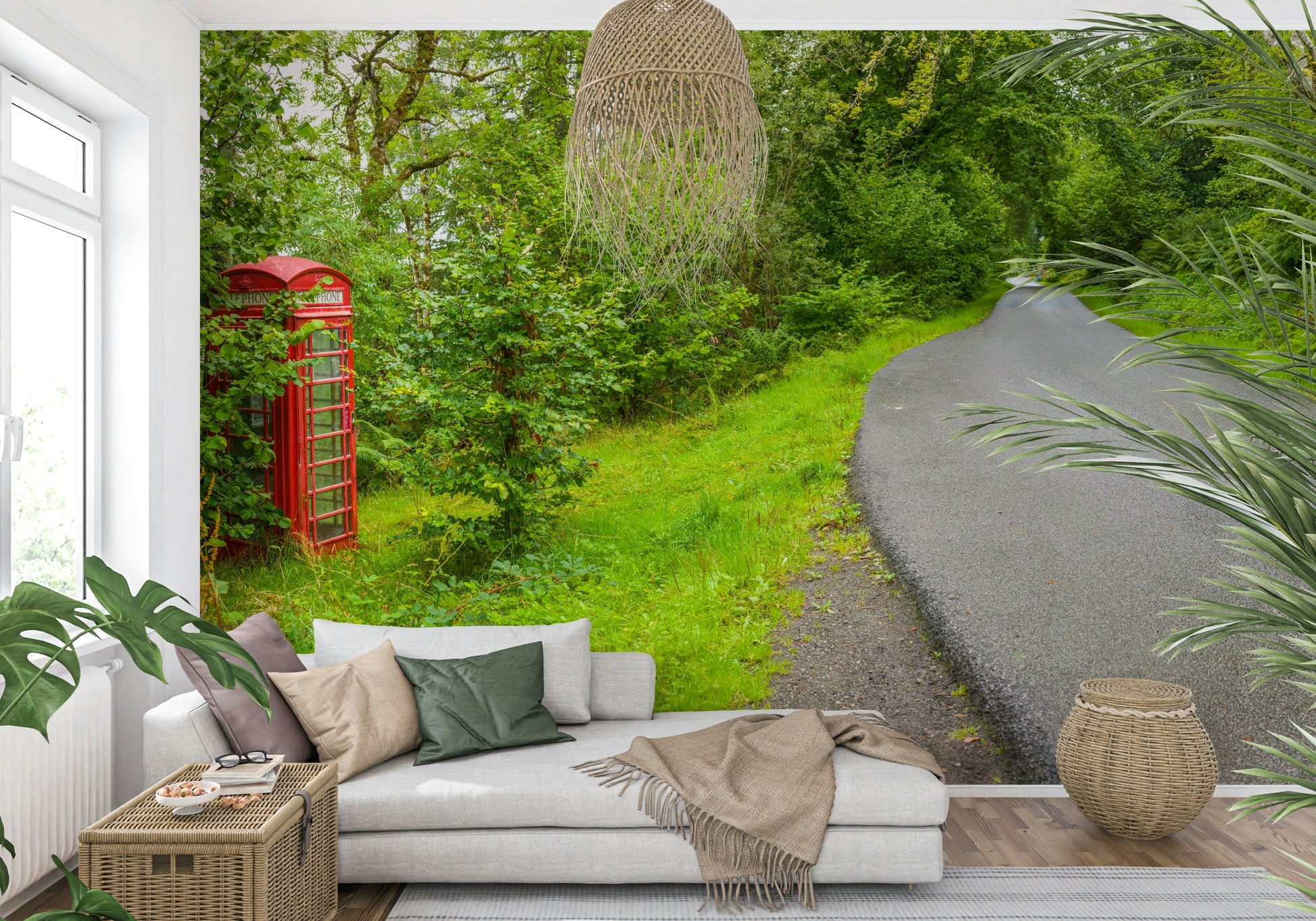 Green foliage and roadside scene on British Call Box Charm Wall Mural.