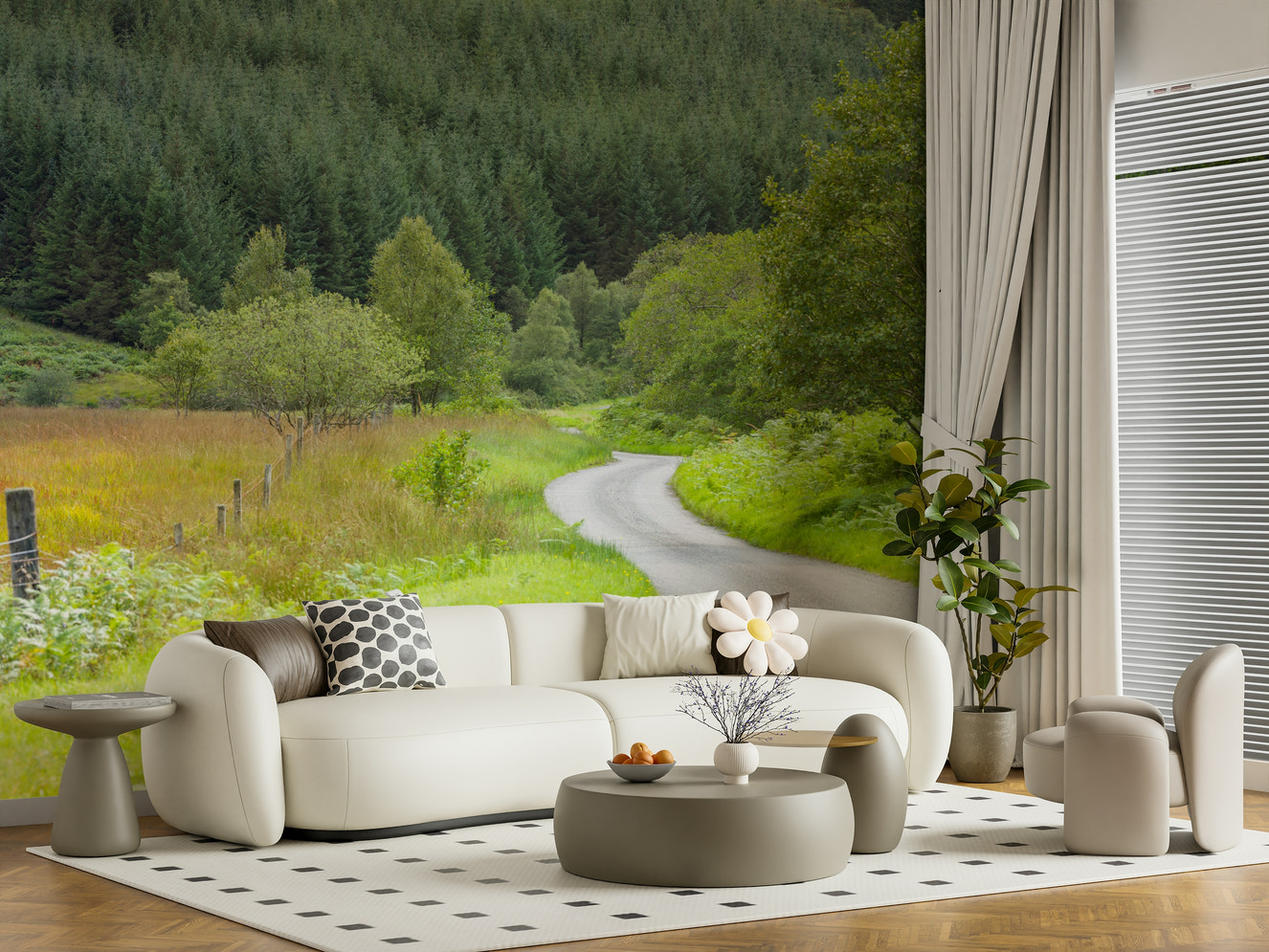 Winding Way Serenity Wall Mural behind a comfortable seating area.