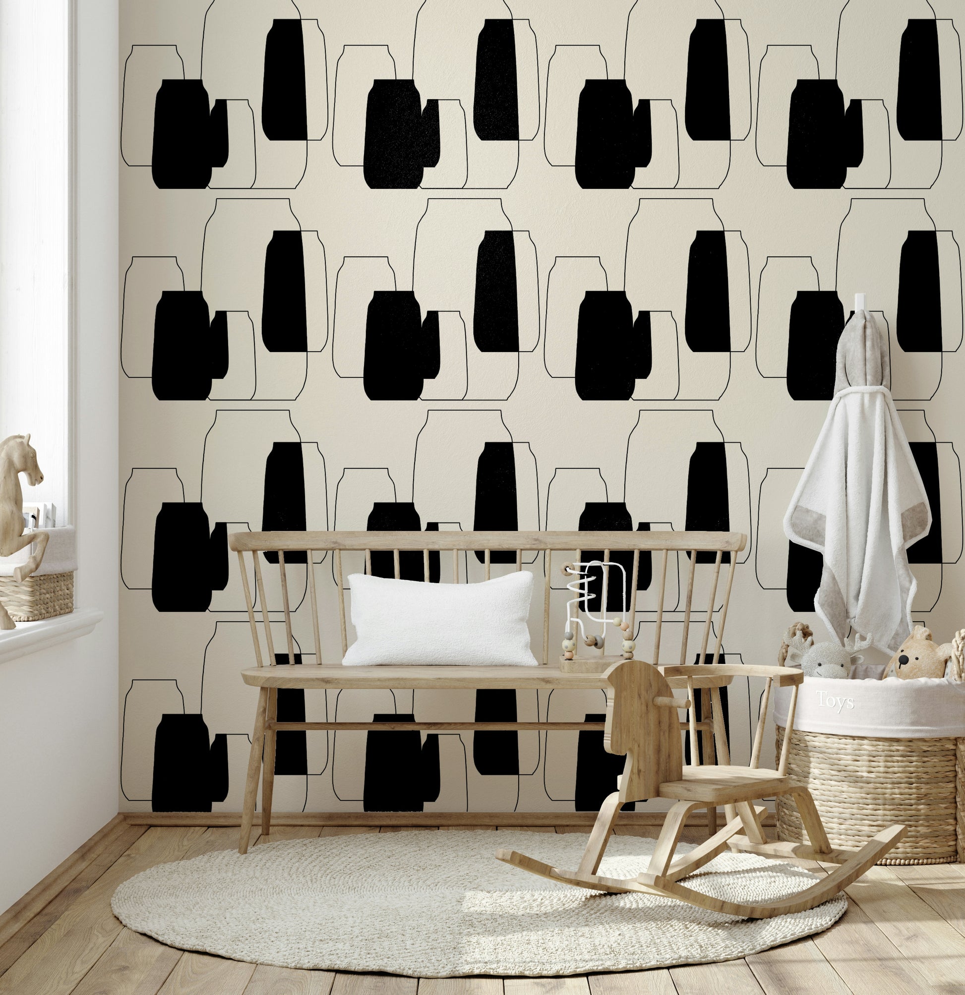 Modern living room accent wall showcasing the Simple Vessel Shapes peel and stick wallpaper.
