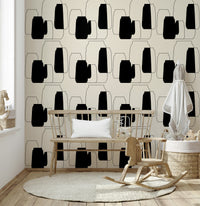 Modern living room accent wall showcasing the Simple Vessel Shapes peel and stick wallpaper.