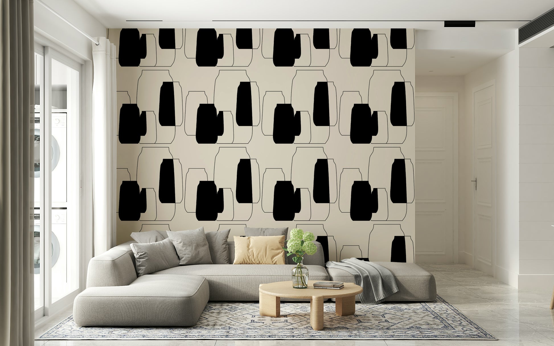Home office with an inspiring backdrop of the graphic black and off-white curved container pattern.