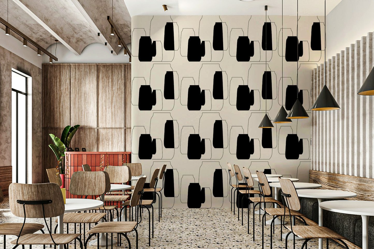 Conceptual rendering of stacked, shapely earthenware silhouettes as a subtle backdrop.
