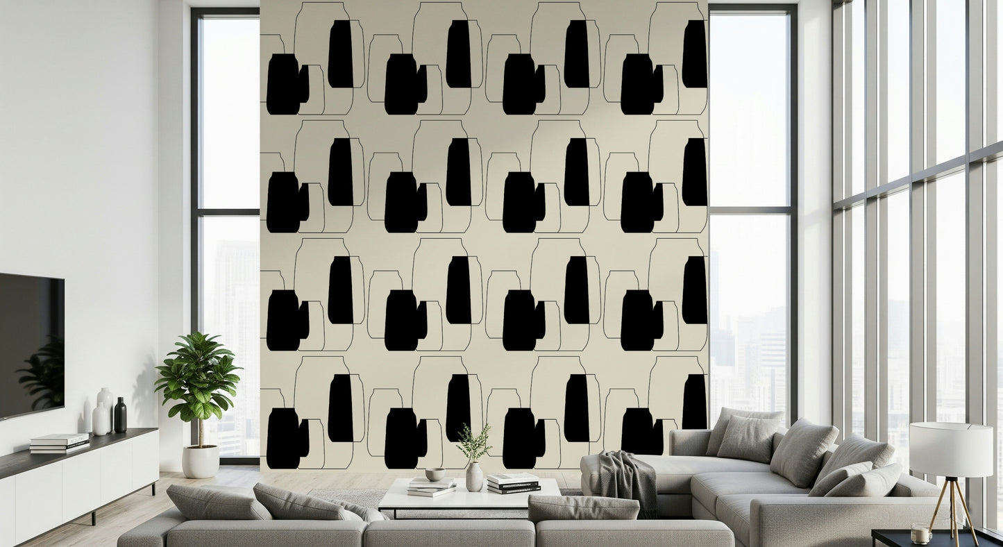 Abstract kitchen wall featuring the repeating pattern of simple vessel outlines.