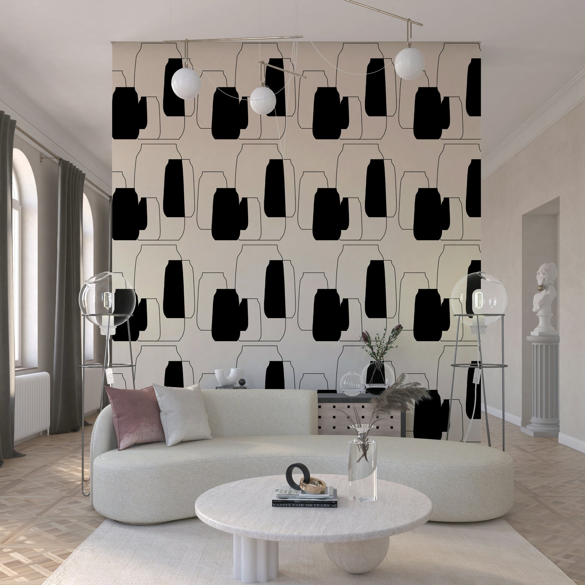 Bedroom wall adorned with the sophisticated, two-tone Simple Vessel Shapes wallpaper mural.