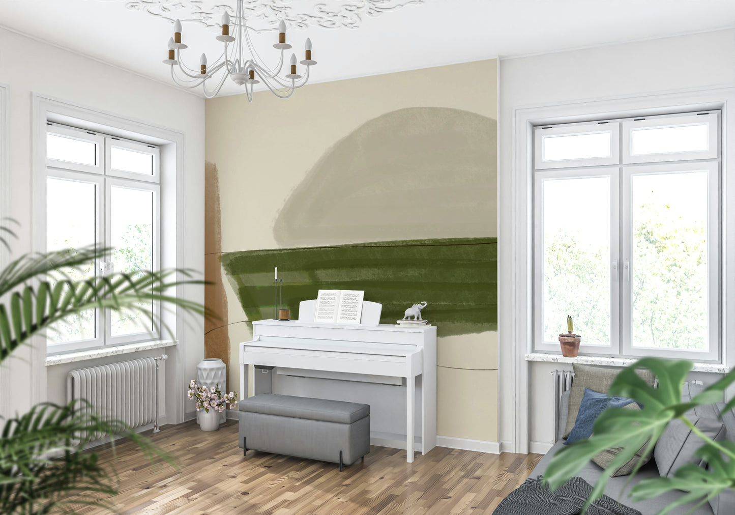 Unique horizontal Minimalist Nature Tones Wall Mural green band.