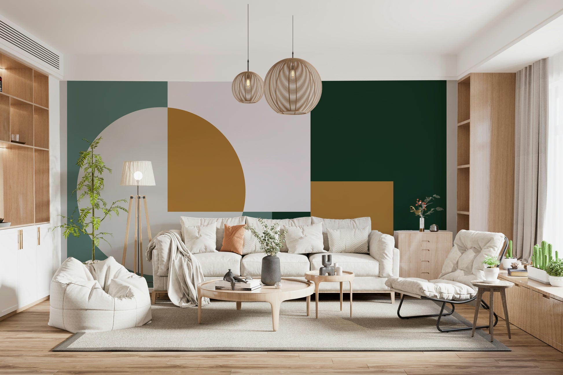 Stylish teal Modern Geometric Harmony Wall Mural and mustard colors.