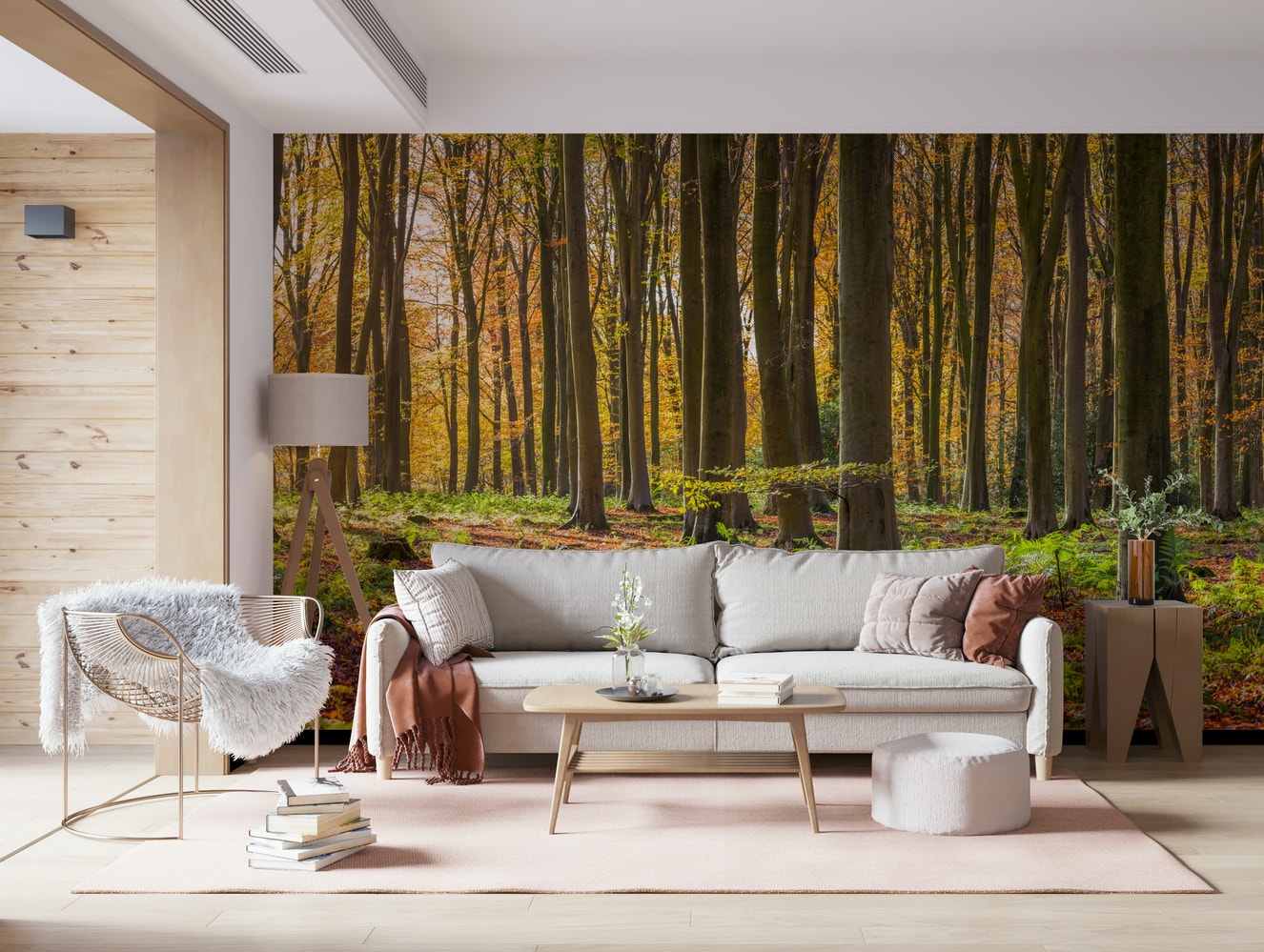 Sunlit forest Gilded Woods Wallpaper Wall Mural interior view.
