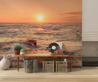 Warm ocean Coastal Dawn Wall Murall waves on rocks.