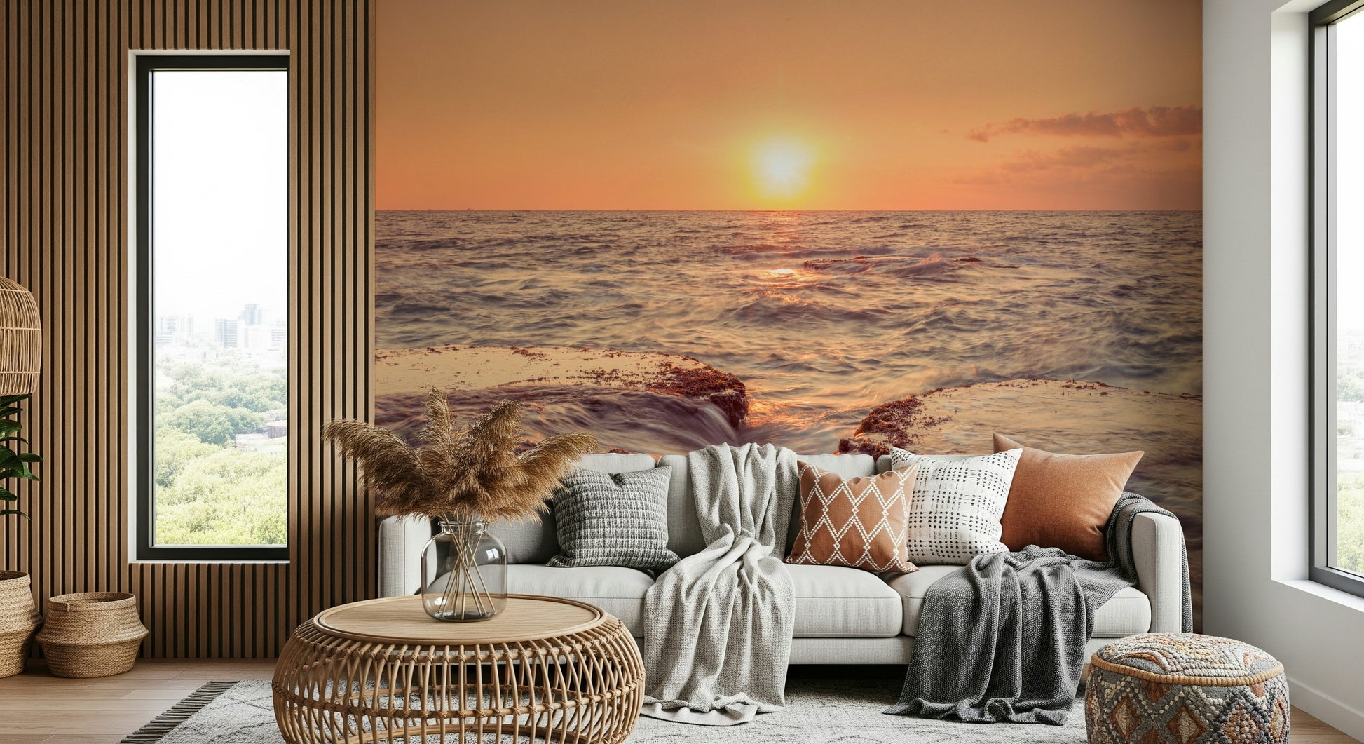 Water flowing Coastal Dawn Wall Murall over stone.