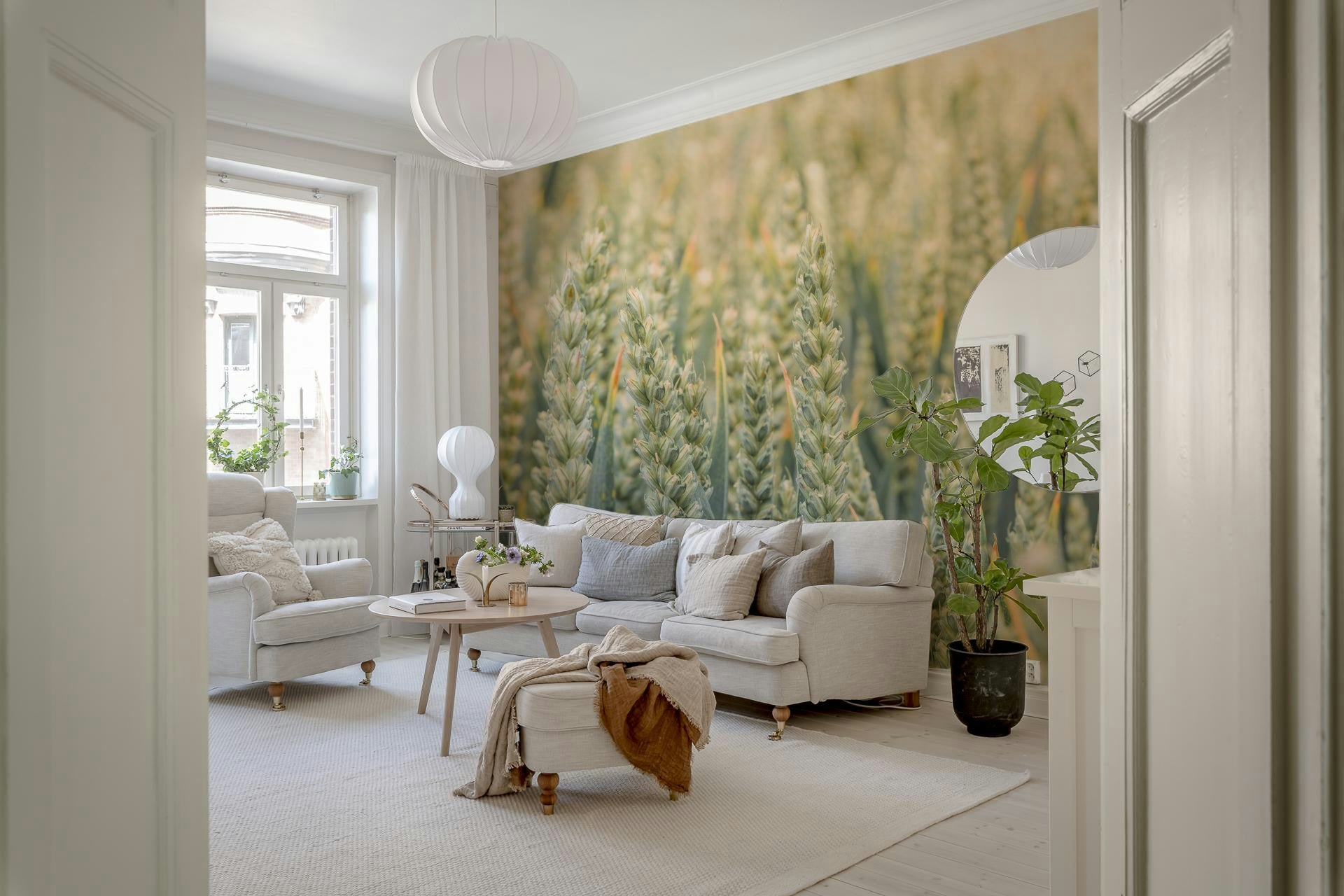 Muted green Whispering Wheat Fields Wall Mural color palette.