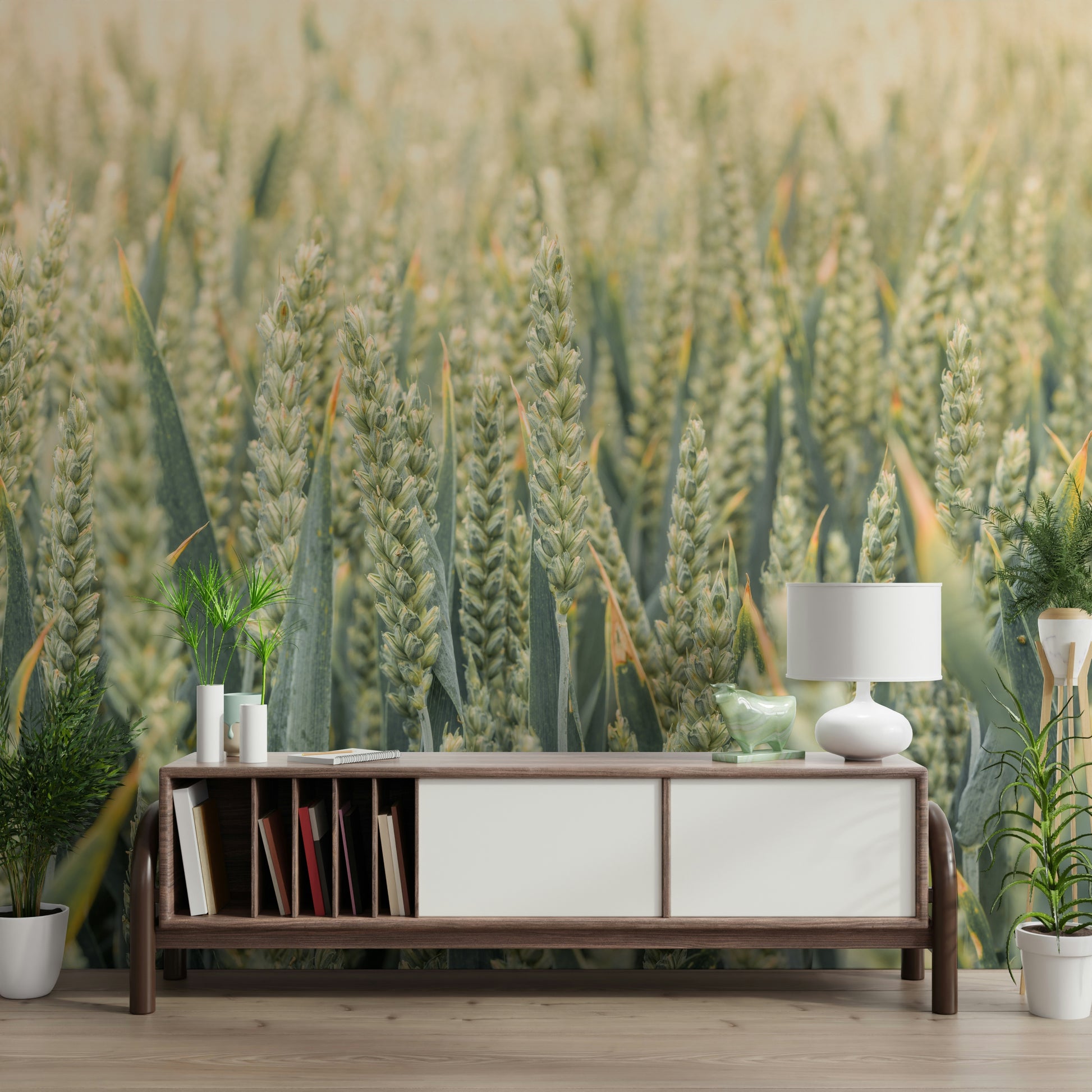 Natural organic Whispering Wheat Fields Wall Mural wall covering.