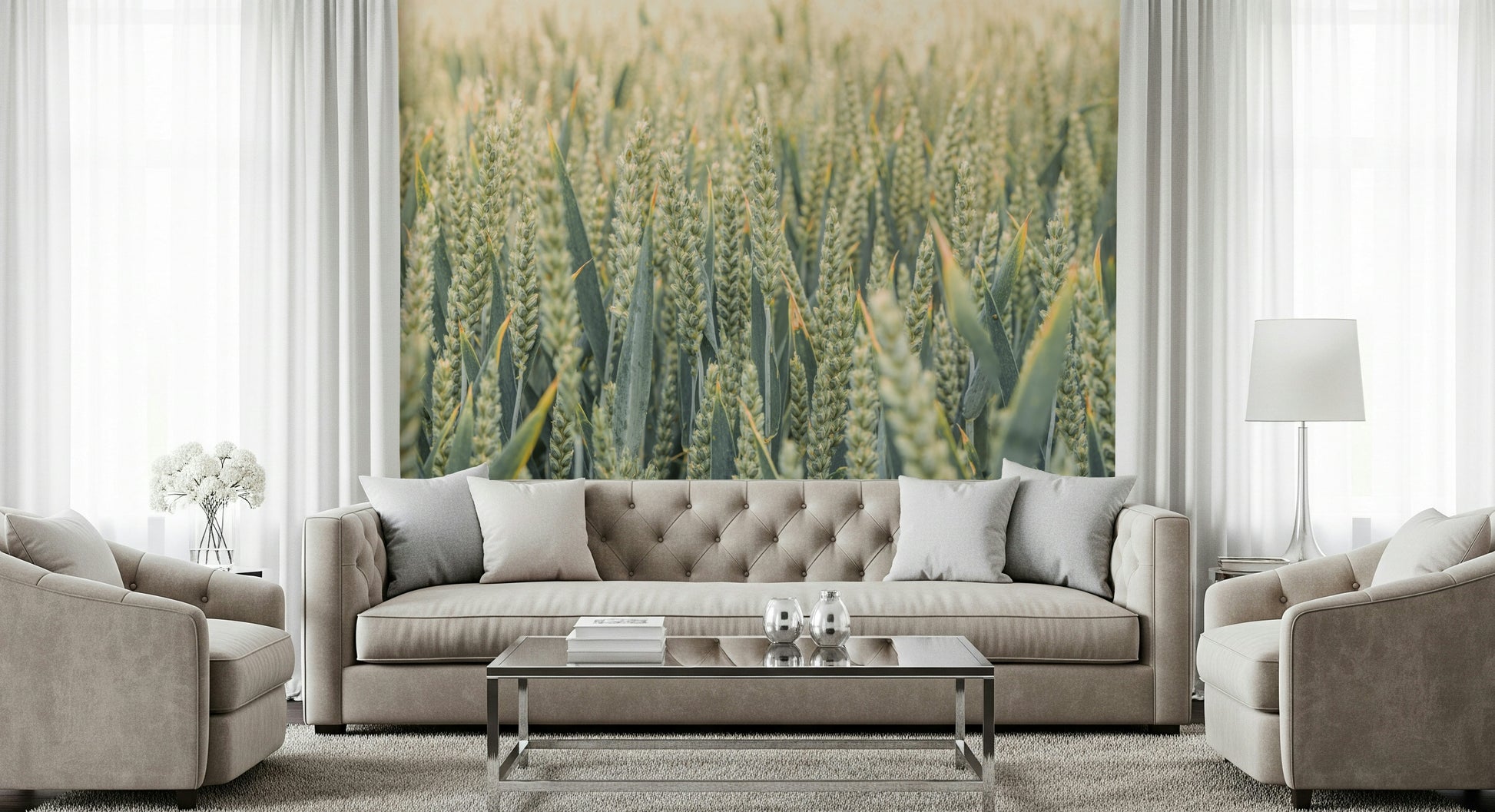 Calming botanical Whispering Wheat Fields Wall Mural room feature.