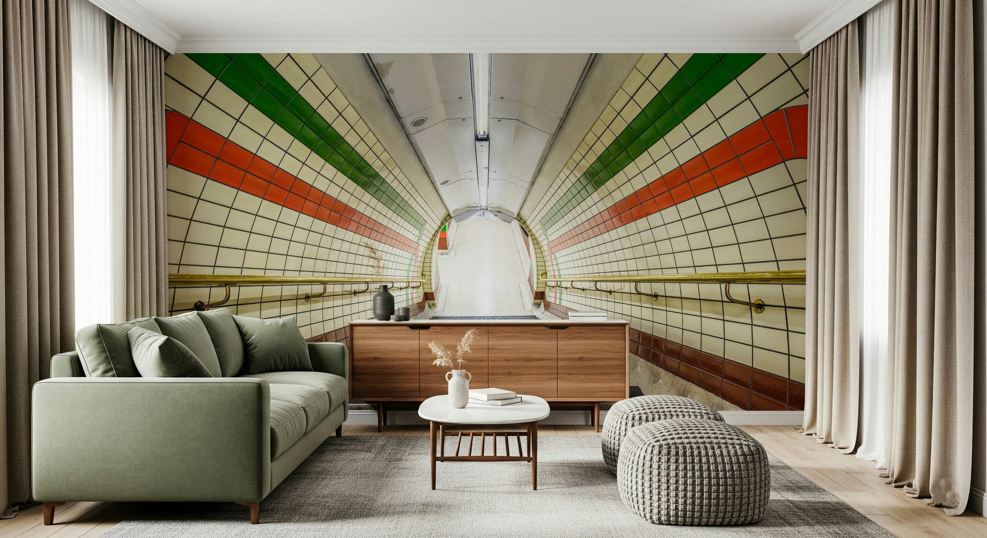 Red and green Subway Tiled Descent Wall Mural stripe detail.