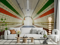 Brightly lit Subway Tiled Descent Wall Mural tunnel graphic.