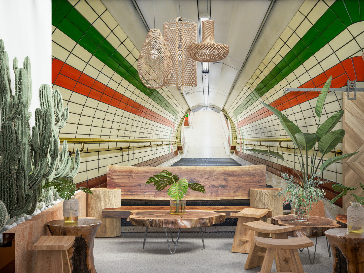 Gold handrails Subway Tiled Descent Wall Mural detail.