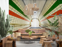 Gold handrails Subway Tiled Descent Wall Mural detail.