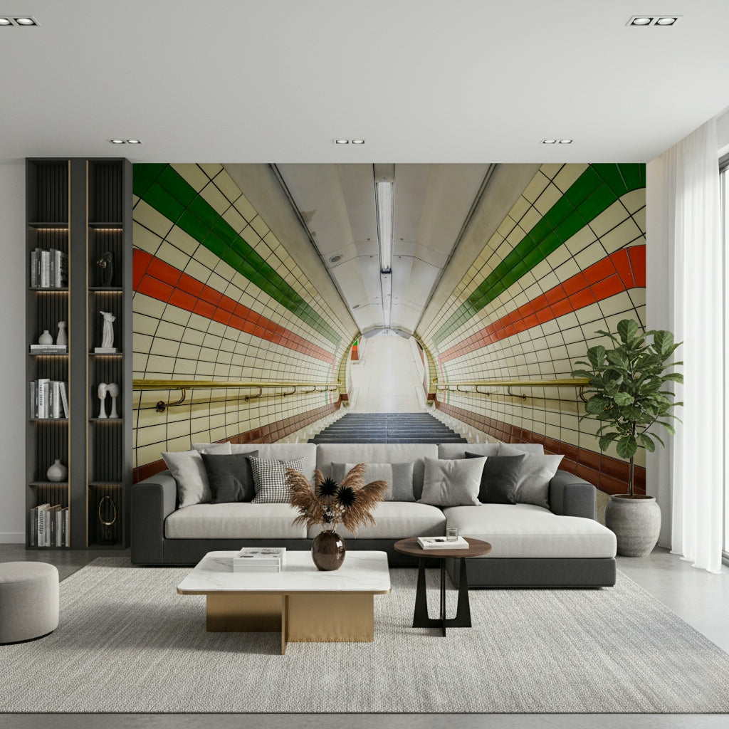 Classic tiled Subway Tiled Descent Wall Mural staircase.