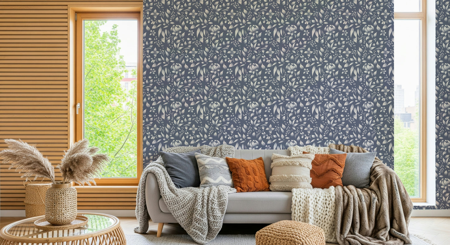 Blue and white Gentle Foliage Wallpaper repeating print.