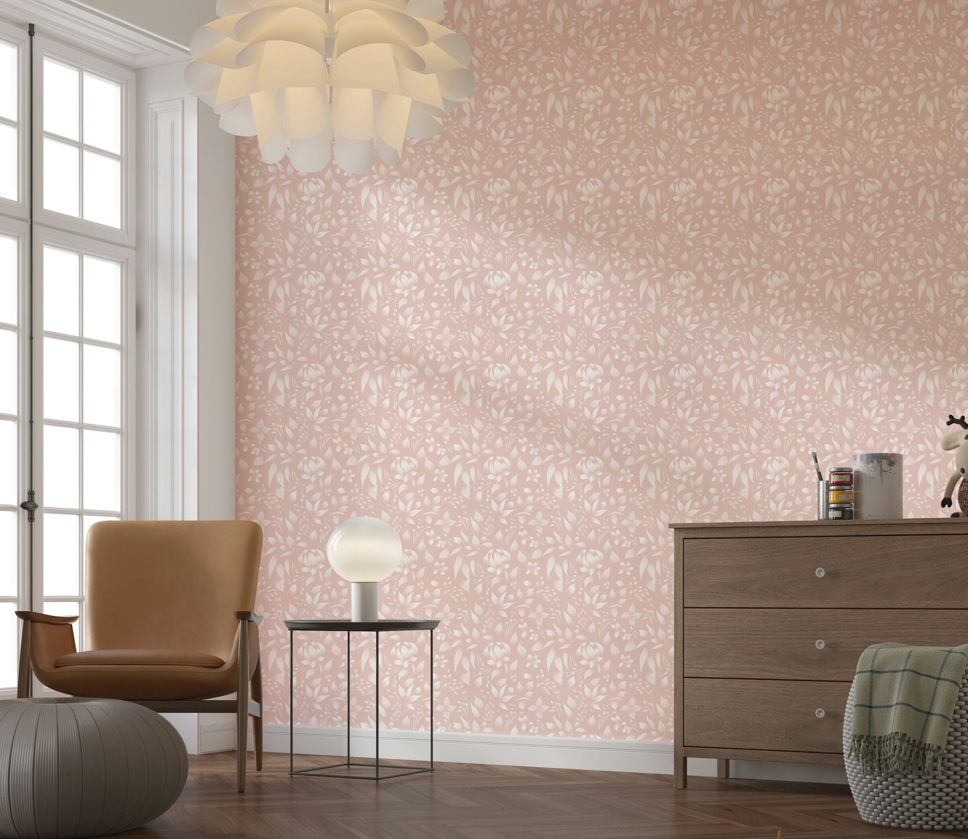 Calming botanical Blush blooming spring calming flowers Wallpaper motif.