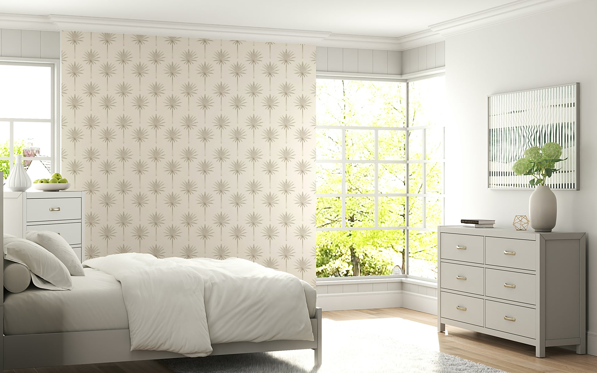 Airy bedroom Subtle Tropics Wallpaper backdrop visual.
