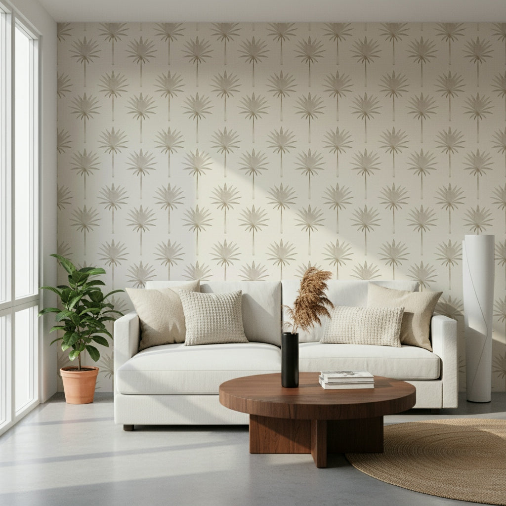 Soft cream Subtle Tropics Wallpaper wall covering design.