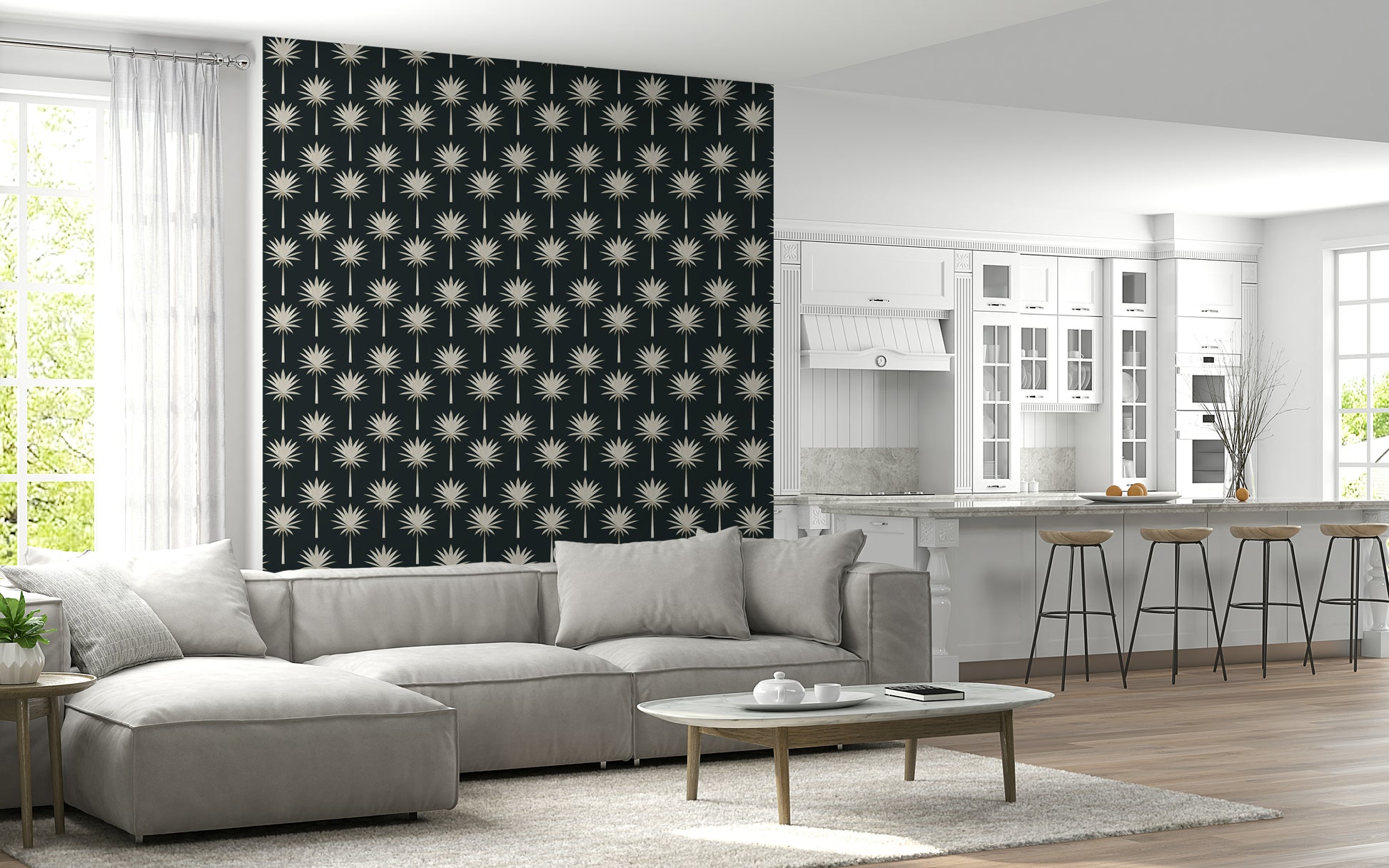 High-end interior Luxe Palms Art Deco Tropical Flair Wallpaper wall covering.