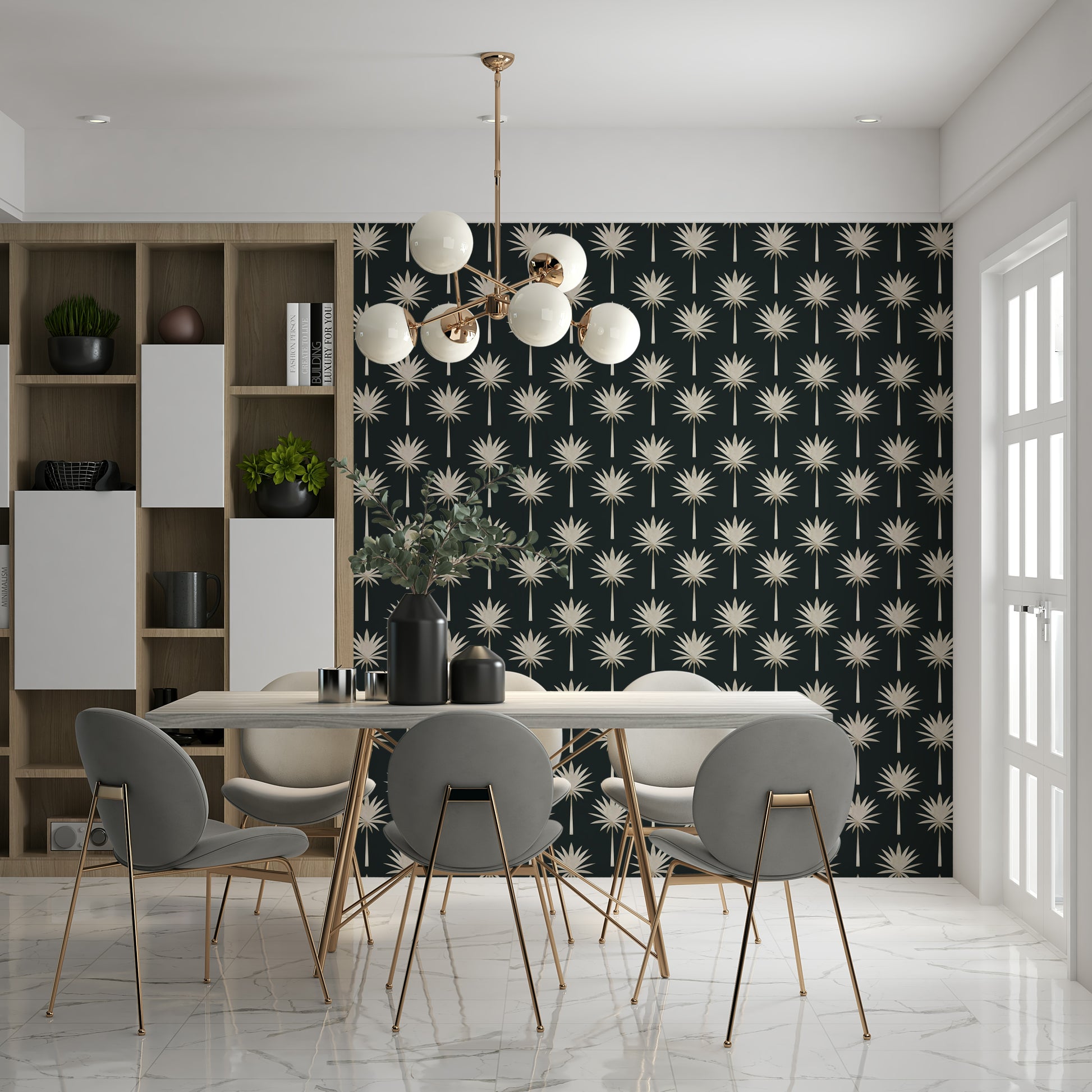 Sophisticated tropical Luxe Palms Art Deco Tropical Flair Wallpaper print.