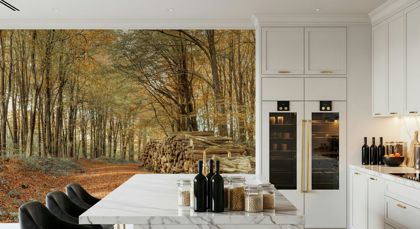 Tall trees Autumn Forest Scene Wall Mural with yellow leaves.