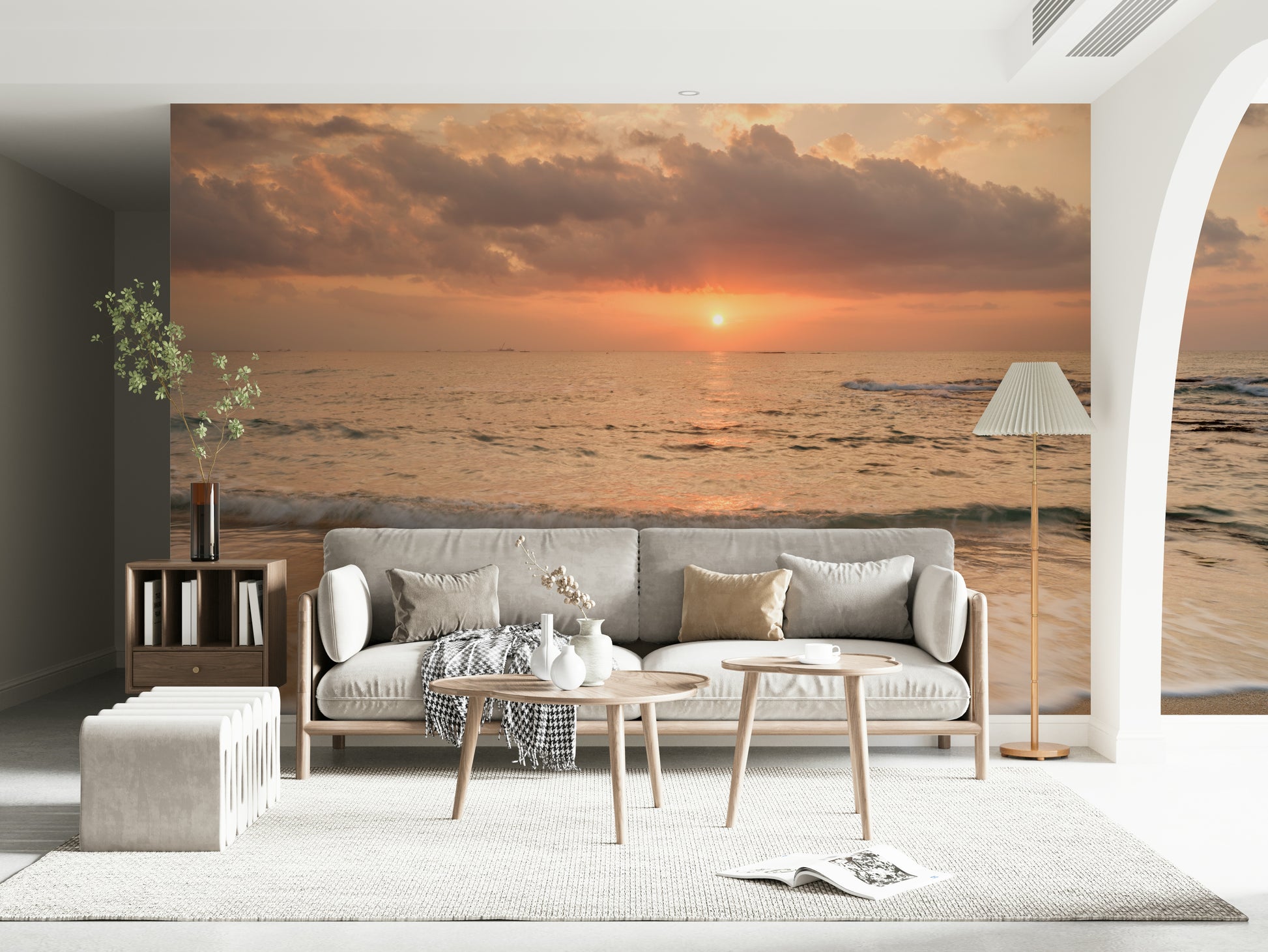 Tranquil seaside Gilded Shores at Dusk Wall Mural room feature.