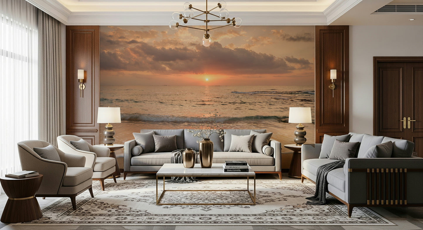 Serene coastal Gilded Shores at Dusk Wall Mural landscape photo.