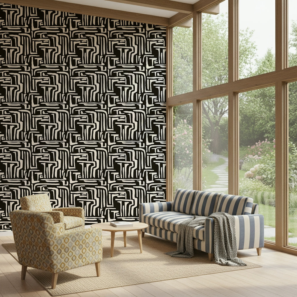 Black and Modern Tribal Maze Wallpaper white motif print.
