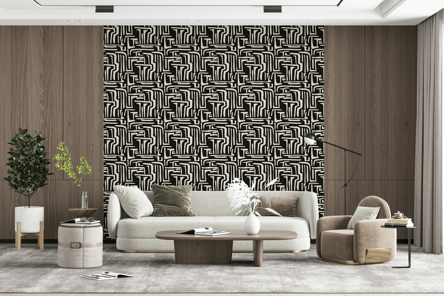 Graphic wall Modern Tribal Maze Wallpaper covering style.
