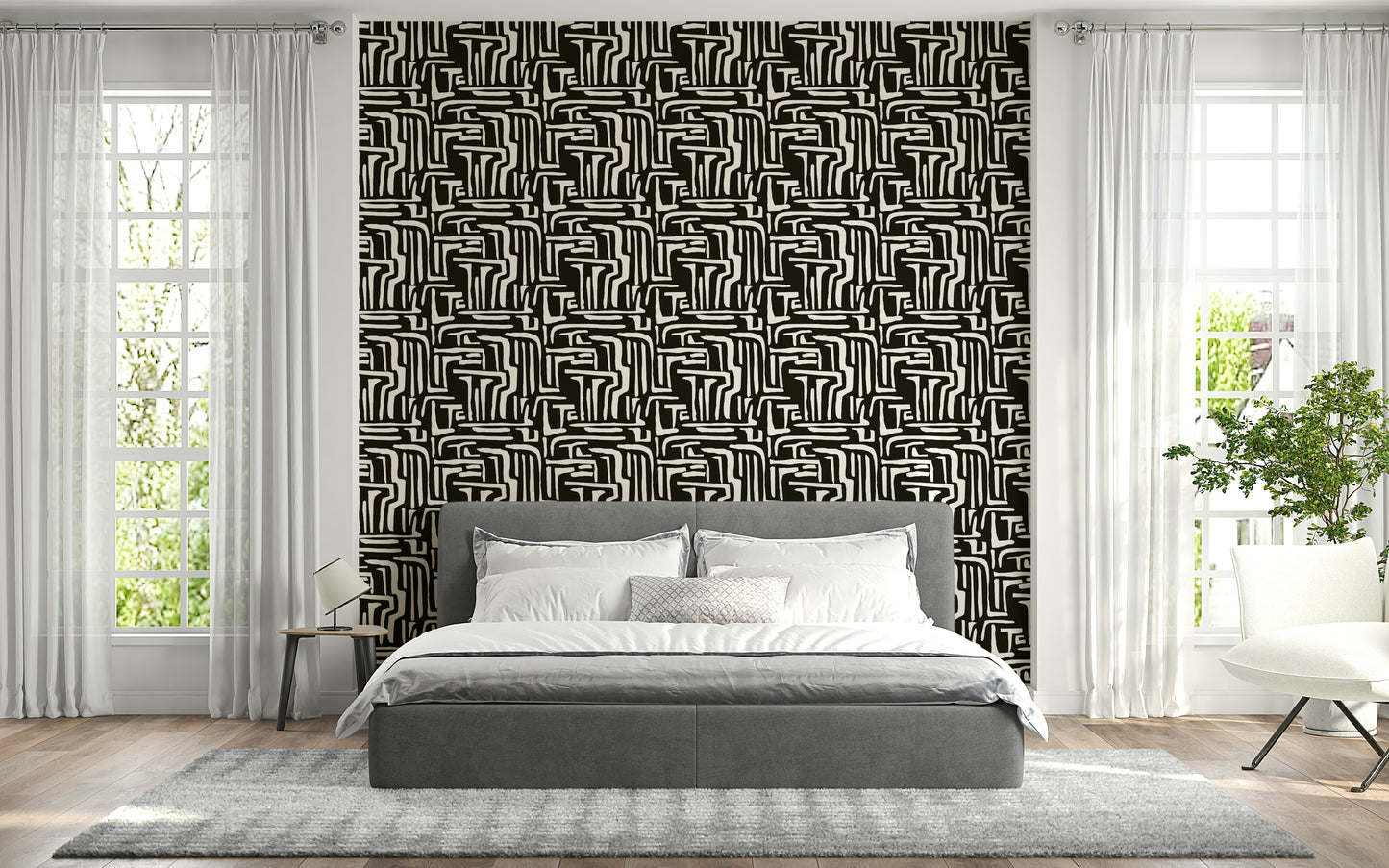 Geometric abstract Modern Tribal Maze Wallpaper design.