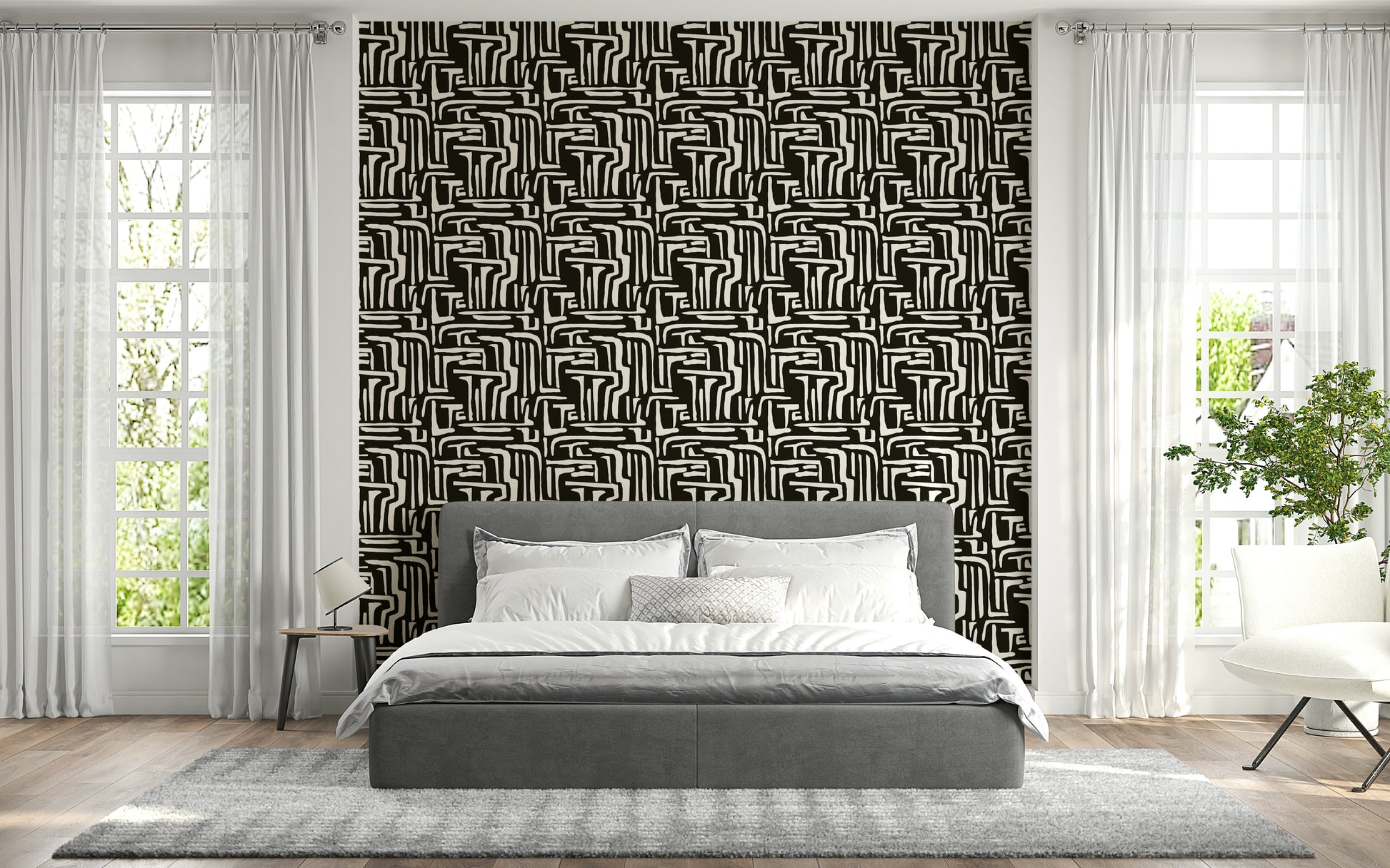 Geometric abstract Modern Tribal Maze Wallpaper design.