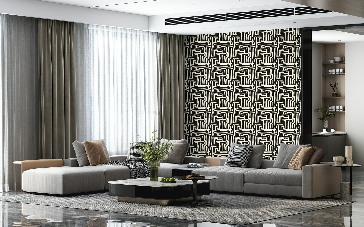 Eclectic interior Modern Tribal Maze Wallpaper background.