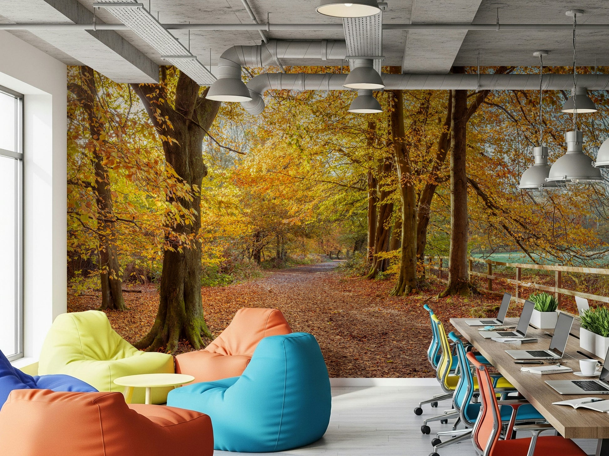 Rustic wooden Pathway Covered in Fall Leaves Wall Mural fence.