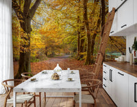 Rich autumnal Pathway Covered in Fall Leaves Wall Mural colors.