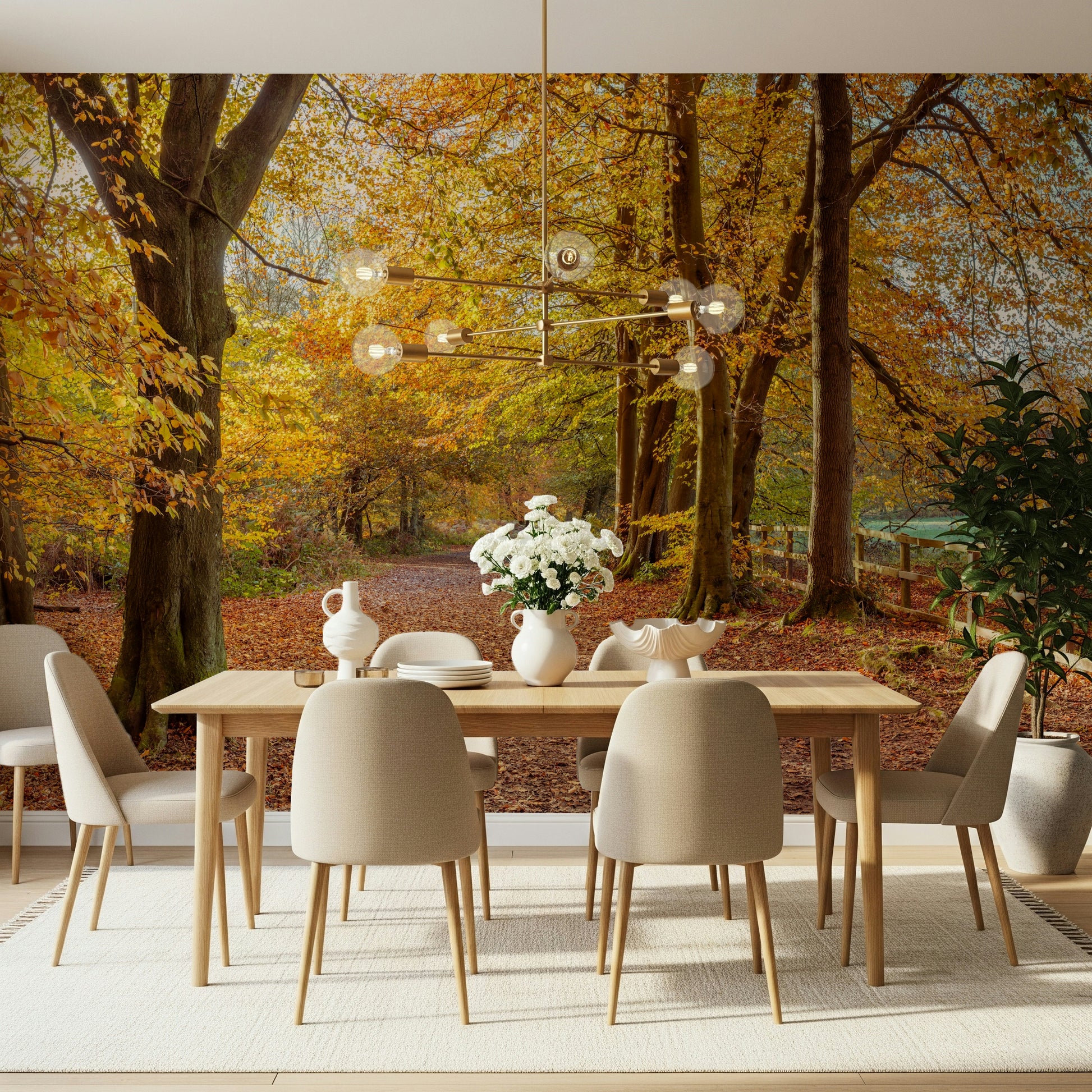Seasonal home Pathway Covered in Fall Leaves Wall Mural decor print.