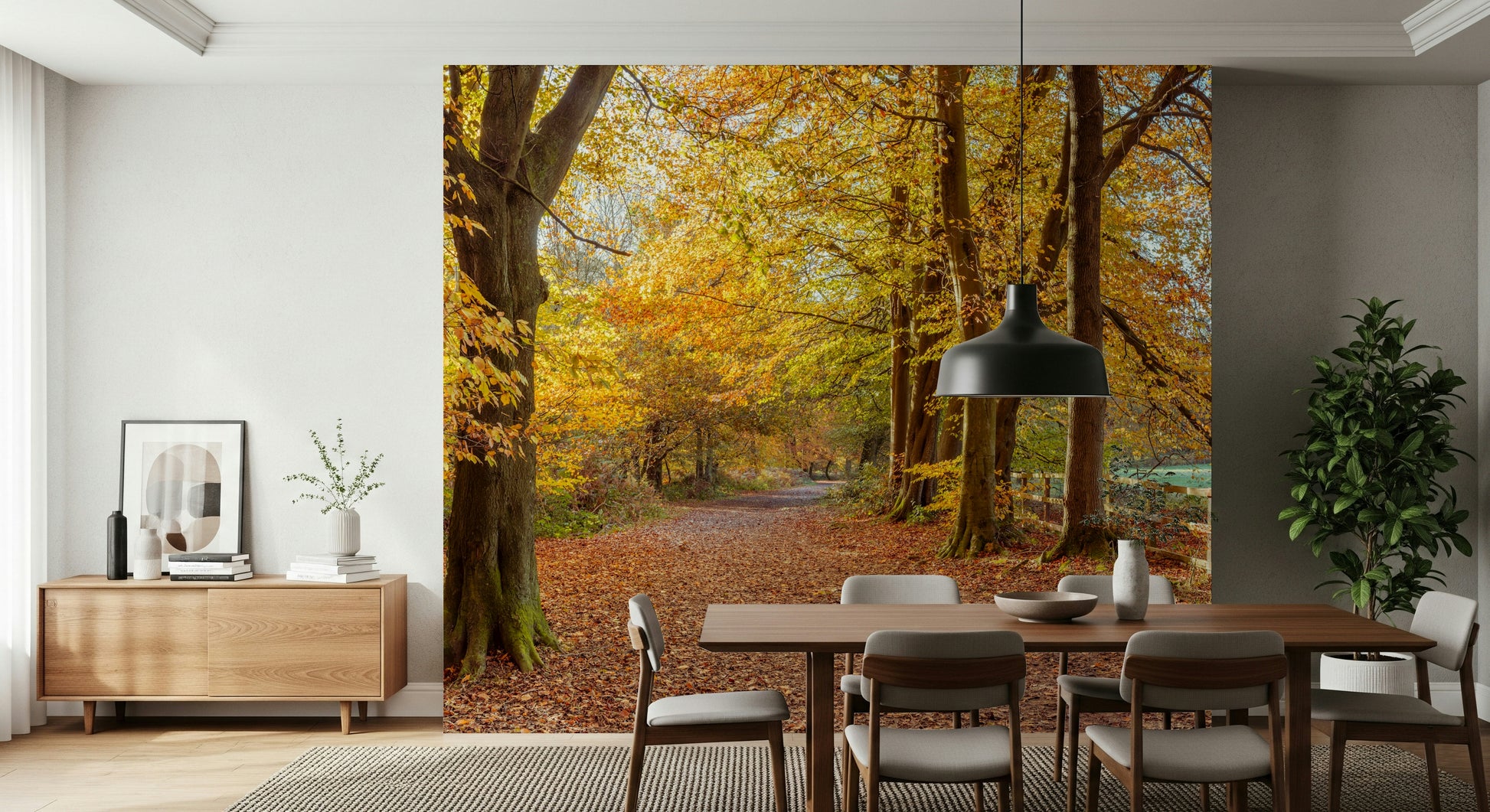 Peaceful nature Pathway Covered in Fall Leaves Wall Mural scene.