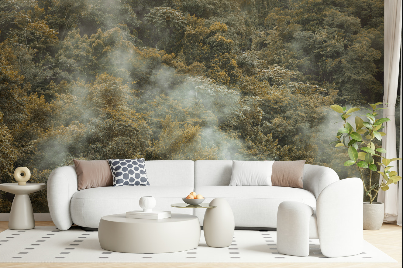 Ethereal fog across Misty Forest Canopy Wall Mural trees.