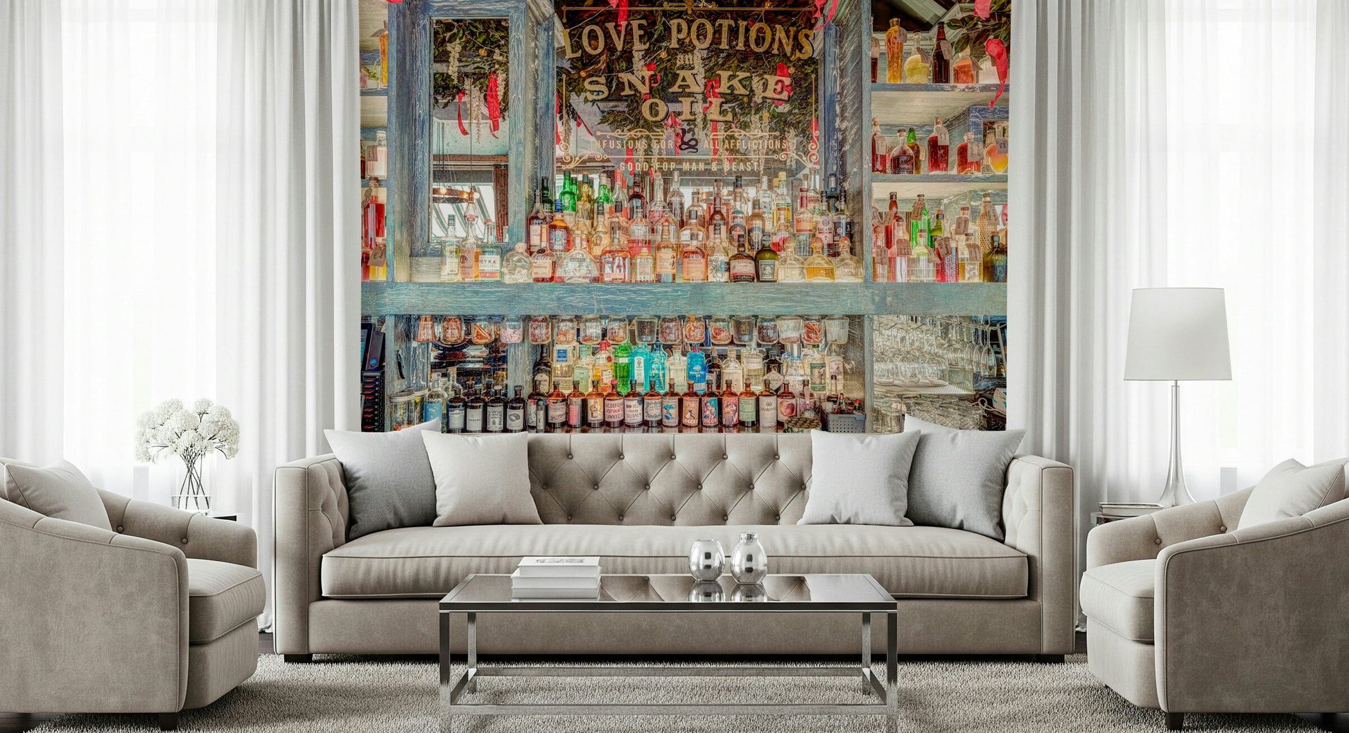 Vibrant liquor display for Elegant Bar Interior Wall Mural