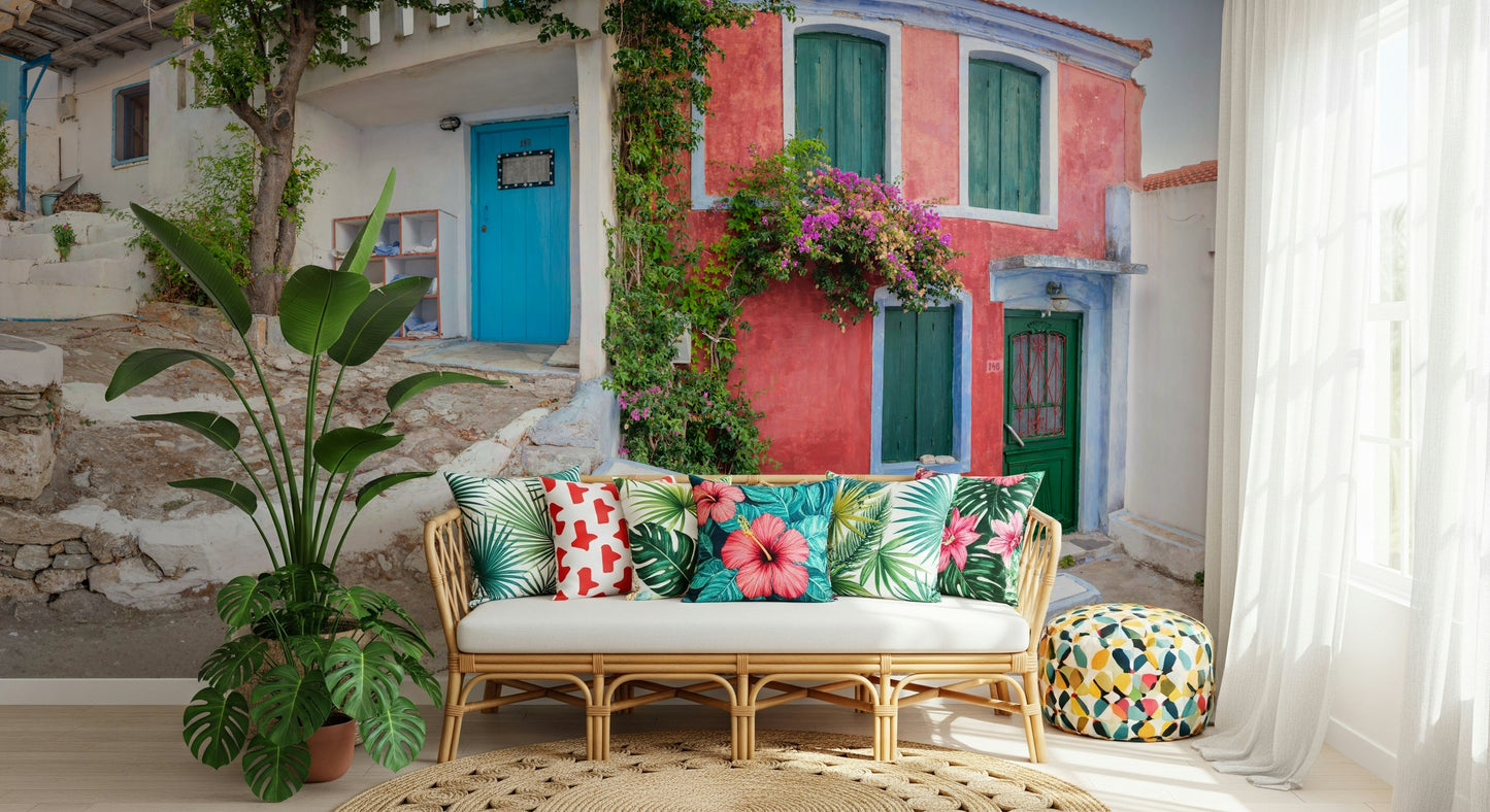 Greek village houses Coastal Cottage Charm Wall Mural