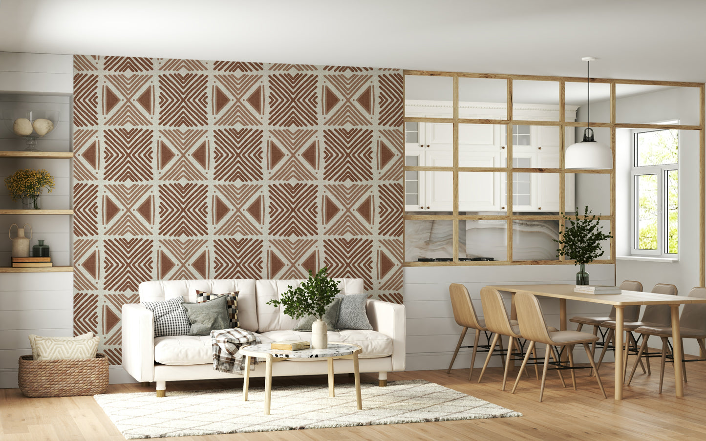 Bedroom feature wall with Tribal Cappuccino Motif Wallpaper.