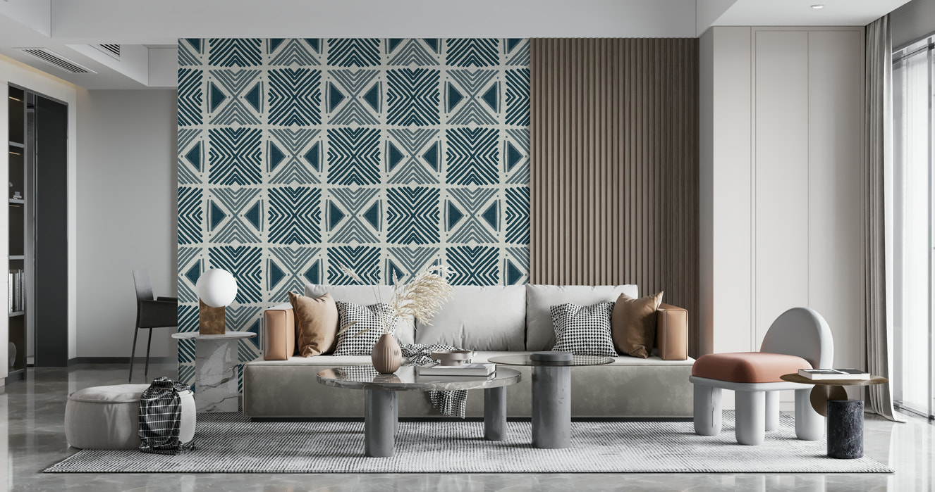 Tribal Denim Motif Wallpaper creating a chic lounge area.