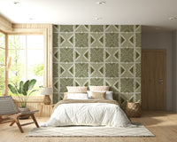 Olive green geometric Tribal Herbs Motif Wallpaper decor