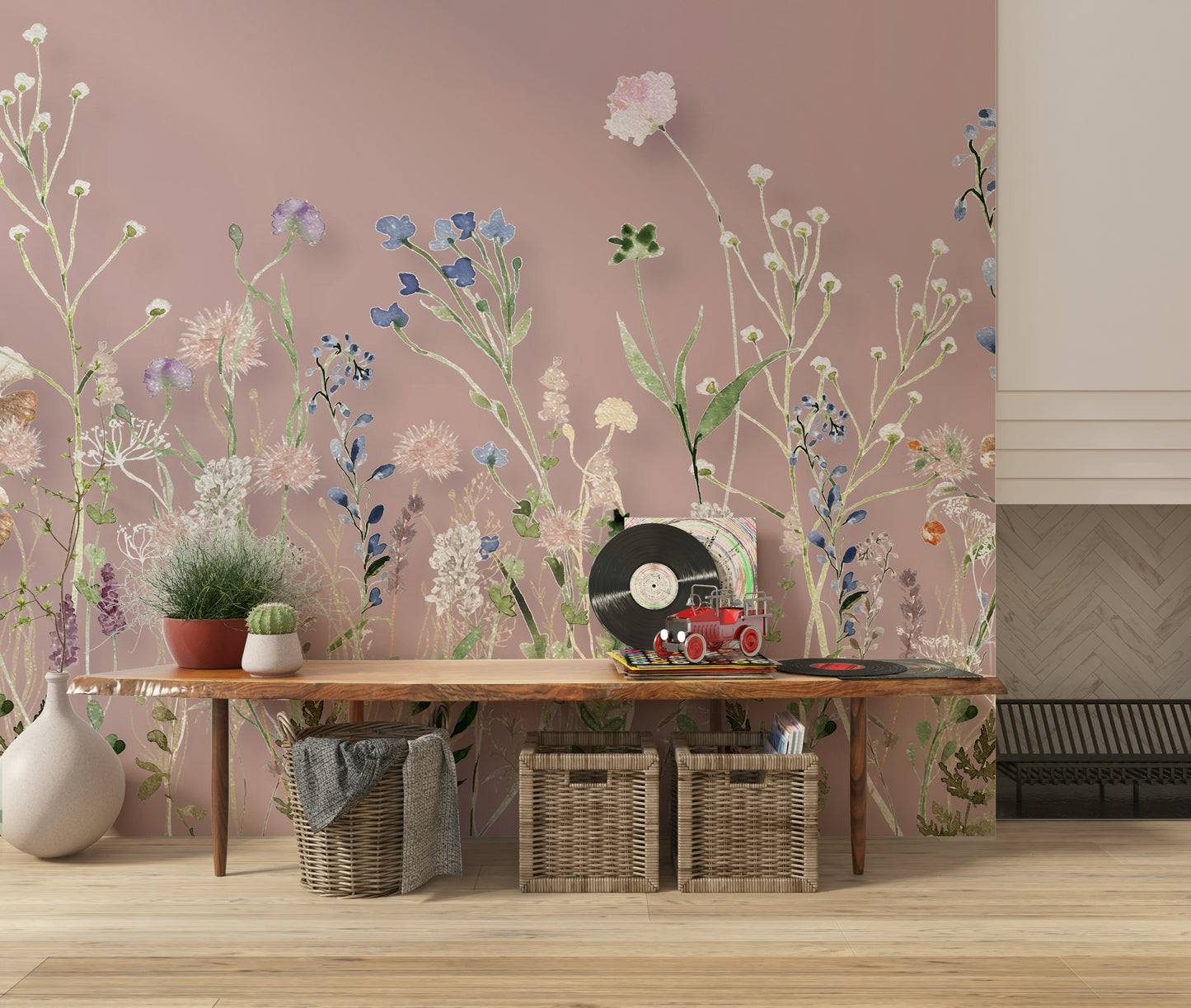 Soft blush background on Blush Meadow Blooms Wall Mural print.