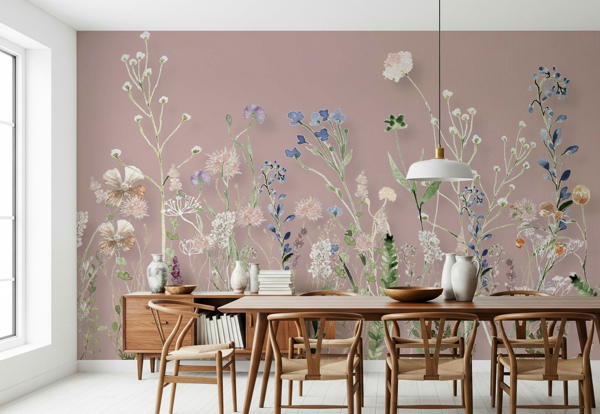 Calming nursery space with Blush Meadow Blooms Wall Mural scene.